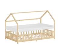 ML-Design Lit Cabane Enfant 120x200 cm Naturel (Beige) en Bois avec Matelas, Anti-Chute Étendue, Toit et Sommier à Lattes, Style Maison, Couchage Maisonnette Lit Double pour Adolescent Fille Garçon