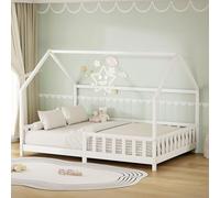 ML-Design Lit Cabane Enfant 140x200 cm Blanc en Bois avec Protection Contre la Chute, Toit et Sommier à Lattes Contreplaqué, Style Maison, Couchage Maisonnette Lit Double pour Adolescent Fille Garçon