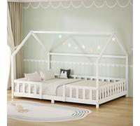ML-Design Lit Cabane Enfant 140x200 cm Blanc en Bois, Protection Étendue Anti-Chute, Toit et Sommier à Lattes Contreplaqué, Style Maison, Couchage Maisonnette Lit Double pour Adolescent Fille Garçon