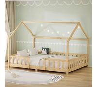 ML-Design Lit Cabane Enfant 140x200 cm Naturel (Beige) en Bois avec Protection Étendue Anti-Chute, Toit et Sommier à Lattes, Style Maison, Couchage Maisonnette Lit Double pour Adolescent Fille Garçon