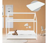 ML-Design Lit Cabane Enfant 70x140 cm avec Matelas H:10cm, Toit et Sommier à Lattes, Blanc en Bois Massif, Couchage au Sol Maisonnette pour Fille Garçon Adolescent Chambre à Coucher, Style Maison