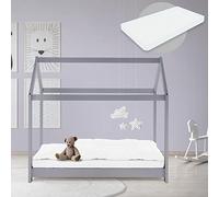 ML-Design Lit Cabane Enfant 70x140 cm avec Matelas, Toit et Sommier à Lattes, Gris Clair en Bois Massif, Couchage au Sol Maisonnette pour Fille Garçon Adolescent Chambre à Coucher, Style Maison