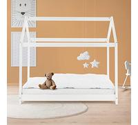 ML-Design Lit Cabane Enfant 70x140 cm avec Toit et Sommier à Lattes, Blanc en Bois de Pin Massif, Couchage au Sol Maisonnette pour Fille Garçon Adolescent Chambre à Coucher, Structure Style Maison