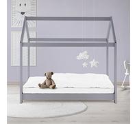 ML-Design Lit Cabane Enfant 70x140 cm avec Toit et Sommier à Lattes, Gris Clair en Bois Massif, Couchage au Sol Maisonnette pour Fille Garçon Adolescent Chambre à Coucher, Structure Style Maison