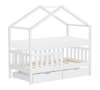 ML-Design Lit Cabane Enfant 70x140 cm Blanc avec Matelas, 2 Tiroirs, Protection Anti-Chute, Toit et Sommier à Lattes, en Bois de Pin Massif, Style Maison, Couchage Cadre Montessori pour Fille Garçon