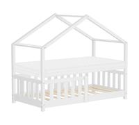 ML-Design Lit Cabane Enfant 70x140 cm Blanc avec Matelas, Protection Antichute, Toit et Sommier à Lattes, Pin Massif, Style Maison, Couchage au Sol Montessori pour Fille Garçon Chambre à Coucher