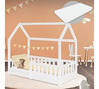 ML-Design Lit Cabane Enfant 70x140 cm Blanc avec Matelas, Protection Contre la Chute, Toit et Sommier à Lattes, en Bois de Pin Massif, Style Maison, Couchage au Sol Maisonnette pour Fille Garçon