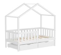 ML-Design Lit Cabane Enfant 70x140 cm Blanc en Bois Massif avec 2 Tiroirs, Protection Anti-Chute, Toit et Sommier à Lattes, Style Maison, Couchage Maisonnette Barrière de Sécurité pour Fille Garçon