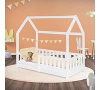 ML-Design Lit Cabane Enfant 70x140 cm Blanc en Bois Massif avec Protection Contre la Chute, Toit et Sommier à Lattes, Style Maison, Couchage Maisonnette Barrière de Sécurité pour Fille Garçon