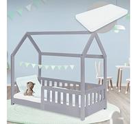 ML-Design Lit Cabane Enfant 70x140 cm Gris Clair avec Matelas, Protection Contre la Chute, Toit et Sommier à Lattes, en Bois de Pin Massif, Style Maison, Couchage au Sol Maisonnette pour Fille Garçon