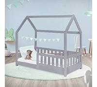 ML-Design Lit Cabane Enfant 70x140 cm Gris Clair en Bois Massif avec Protection Contre la Chute, Toit et Sommier à Lattes, Style Maison, Couchage Maisonnette Barrière de Sécurité pour Fille Garçon