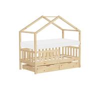 ML-Design Lit Cabane Enfant 70x140 cm Naturel avec Matelas, 2 Tiroirs, Protection Anti-Chute, Toit et Sommier à Lattes, en Bois de Pin Massif, Style Maison, Couchage Cadre Montessori pour Fille Garçon