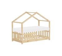ML-Design Lit Cabane Enfant 70x140 cm Naturel avec Matelas, Protection Antichute, Toit et Sommier à Lattes, Pin Massif, Style Maison, Couchage au Sol Montessori pour Fille Garçon Chambre à Coucher