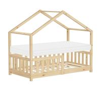 ML-Design Lit Cabane Enfant 70x140 cm Naturel avec Matelas, Protection Antichute, Toit et Sommier à Lattes, Pin Massif, Style Maison, Couchage au Sol Montessori pour Fille Garçon Chambre à Coucher