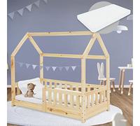 ML-Design Lit Cabane Enfant 70x140 cm Naturel avec Matelas, Protection Contre la Chute, Toit et Sommier à Lattes, en Bois de Pin Massif, Style Maison, Couchage au Sol Maisonnette pour Fille Garçon