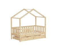 ML-Design Lit Cabane Enfant 70x140 cm Naturel en Bois Massif avec 2 Tiroirs, Protection