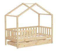 ML-Design Lit Cabane Enfant 70x140 cm Naturel en Bois Massif avec 2 Tiroirs, Protection Anti-Chute, Toit et Sommier à Lattes, Style Maison, Couchage Maisonnette Barrière de Sécurité pour Fille Garçon
