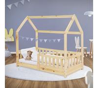 ML-Design Lit Cabane Enfant 70x140 cm Naturel en Bois Massif avec Protection Contre la Chute, Toit et Sommier à Lattes, Style Maison, Couchage Maisonnette Barrière de Sécurité pour Fille Garçon