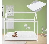 ML-Design Lit Cabane Enfant 80x160 cm avec Matelas, Toit et Sommier à Lattes, Blanc en Bois de Pin Massif, Couchage au Sol Maisonnette pour Fille Garçon Adolescent Chambre à Coucher, Style Maison