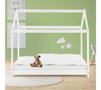 ML-Design Lit Cabane Enfant 80x160 cm avec Toit et Sommier à Lattes, Blanc en Bois de Pin Massif, Couchage au Sol Maisonnette pour Fille Garçon Adolescent Chambre à Coucher, Structure Style Maison