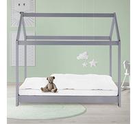 ML-Design Lit Cabane Enfant 80x160 cm avec Toit et Sommier à Lattes, Gris Clair en Bois Massif, Couchage au Sol Maisonnette pour Fille Garçon Adolescent Chambre à Coucher, Structure Style Maison