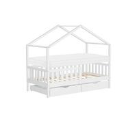 ML-Design Lit Cabane Enfant 80x160 cm Blanc avec Matelas, 2 Tiroirs, Protection Anti-Chute, Toit et Sommier à Lattes, en Bois de Pin Massif, Style Maison, Couchage Cadre Montessori pour Fille Garçon