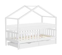ML-Design Lit Cabane Enfant 80x160 cm Blanc avec Matelas, 2 Tiroirs, Protection Anti-Chute, Toit et Sommier à Lattes, en Bois de Pin Massif, Style Maison, Couchage Cadre Montessori pour Fille Garçon
