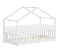 ML-Design Lit cabane enfant 80x160 cm blanc – matelas, protection antichute, toit, pin massif