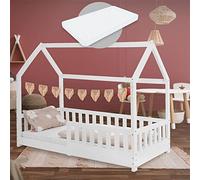 ML-Design Lit Cabane Enfant 80x160 cm Blanc avec Matelas, Protection Contre la Chute, Toit et Sommier à Lattes, en Bois de Pin Massif, Style Maison, Couchage au Sol Maisonnette pour Fille Garçon