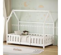 ML-Design Lit Cabane Enfant 80x160 cm Blanc en Bois de Pin Massif avec Protection Antichute, Toit et Sommier à Lattes Contreplaqué, Style Maison, Couchage Maisonnette Lit Simple pour Fille ou Garçon