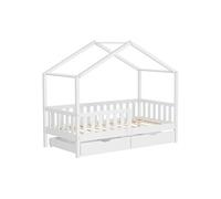 ML-Design Lit Cabane Enfant 80x160 cm Blanc en Bois Massif avec 2 Tiroirs, Protection