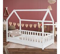 ML-Design Lit Cabane Enfant 80x160 cm Blanc en Bois Massif avec Protection Contre la Chute, Toit et Sommier à Lattes, Style Maison, Couchage Maisonnette Barrière de Sécurité pour Fille Garçon