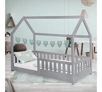 ML-Design Lit Cabane Enfant 80x160 cm Gris Clair en Bois Massif avec Protection Contre la Chute, Toit et Sommier à Lattes, Style Maison, Couchage Maisonnette Barrière de Sécurité pour Fille Garçon