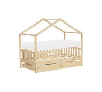 ML-Design Lit Cabane Enfant 80x160 cm Naturel avec Matelas, 2 Tiroirs, Protection