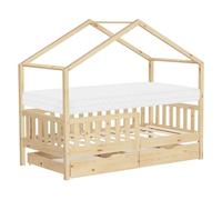ML-Design Lit Cabane Enfant 80x160 cm Naturel avec Matelas, 2 Tiroirs, Protection Anti-Chute, Toit et Sommier à Lattes, en Bois de Pin Massif, Style Maison, Couchage Cadre Montessori pour Fille Garçon