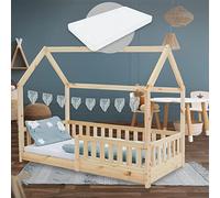 ML-Design Lit Cabane Enfant 80x160 cm Naturel avec Matelas, Protection Contre la Chute, Toit et Sommier à Lattes, en Bois de Pin Massif, Style Maison, Couchage au Sol Maisonnette pour Fille Garçon