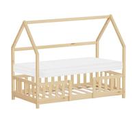 ML-Design Lit Cabane Enfant 80x160 cm Naturel (Beige) en Bois de Pin avec Matelas, Protection Anti-Chute, Toit et Sommier à Lattes, Style Maison, Couchage Maisonnette Lit Simple pour Fille Garçon