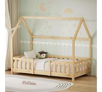 ML-Design Lit Cabane Enfant 80x160 cm Naturel (Beige) en Bois de Pin Massif avec Protection Contre la Chute, Toit et Sommier à Lattes, Style Maison, Couchage Maisonnette Lit Simple pour Fille Garçon