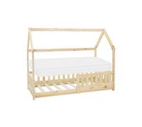 ML-Design Lit Cabane Enfant 80x160 cm Naturel avec Matelas, Protection Contre la Chute, Toit et Sommier à Lattes, en Bois de Pin Massif, Style Maison, Couchage au Sol Maisonnette pour Fille Garçon
