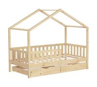 ML-Design Lit Cabane Enfant 80x160 cm Naturel en Bois Massif avec 2 Tiroirs, Protection Anti-Chute, Toit et Sommier à Lattes, Style Maison, Couchage Maisonnette Barrière de Sécurité pour Fille Garçon