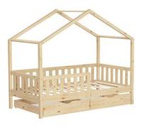 ML-Design Lit Cabane Enfant 80x160 cm Naturel en Bois Massif avec 2 Tiroirs, Protection Anti-Chute, Toit et Sommier à Lattes, Style Maison, Couchage Maisonnette Barrière de Sécurité pour Fille Garçon