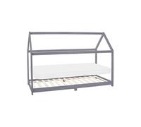 ML-Design Lit Cabane Enfant 90x200 cm avec Matelas H:10cm, Toit et Sommier à Lattes, Gris Clair Bois Massif, Couchage au Sol Maisonnette pour Fille Garçon Adolescent Chambre à Coucher, Style Maison