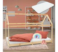 ML-Design Lit Cabane Enfant 90x200 cm avec Matelas H:10cm, Toit et Sommier à Lattes, Naturel en Bois Massif, Couchage au Sol Maisonnette pour Fille Garçon Adolescent Chambre à Coucher, Style Maison