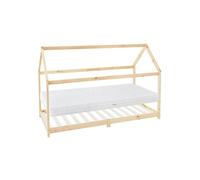 ML-Design Lit Cabane Enfant 90x200 cm avec Matelas H:16cm, Toit et Sommier à Lattes, Naturel en Bois Massif, Couchage au Sol Maisonnette pour Fille Garçon Adolescent Chambre à Coucher, Style Maison