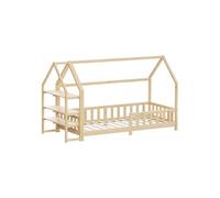 ML-Design Lit Cabane Enfant 90x200 cm Naturel (Beige) en Bois avec Étagère, Protection Contre la Chute, Toit et Sommier à Lattes, Style Maison, Couchage Maisonnette Lit Simple pour Fille ou Garçon