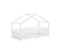 ML-Design Lit Cabane Enfant 90x200 cm Blanc avec Matelas H:10cm, Antichute, Toit et Sommier à Lattes, Pin Massif, Style Maison, Couchage au Sol Montessori pour Fille Garçon Chambre à Coucher