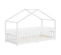 ML-Design Lit Cabane Enfant 90x200 cm Blanc avec Matelas H:10cm, Antichute, Toit et Sommier à Lattes, Pin Massif, Style Maison, Couchage au Sol Montessori pour Fille Garçon Chambre à Coucher