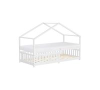 ML-Design Lit Cabane Enfant 90x200 cm Blanc avec Matelas H:16cm, Antichute, Toit et Sommier à Lattes, Pin Massif, Style Maison, Couchage au Sol Montessori pour Fille Garçon Chambre à Coucher