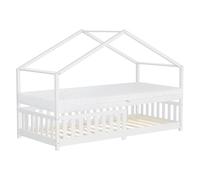ML-Design Lit Cabane Enfant 90x200 cm Blanc avec Matelas H:16cm, Antichute, Toit et Sommier à Lattes, Pin Massif, Style Maison, Couchage au Sol Montessori pour Fille Garçon Chambre à Coucher