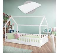 ML-Design Lit Cabane Enfant 90x200 cm Blanc avec Matelas H:16cm, Protection Contre la Chute, Toit et Sommier à Lattes, en Bois Massif, Style Maison, Couchage Maisonnette pour Fille Garçon